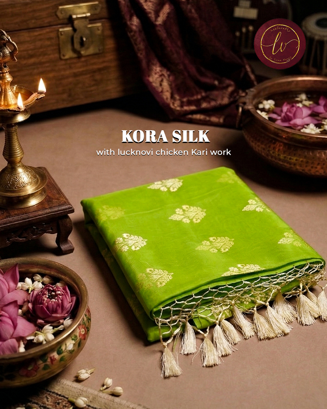 Pista Chikankari Kota Silk Saree